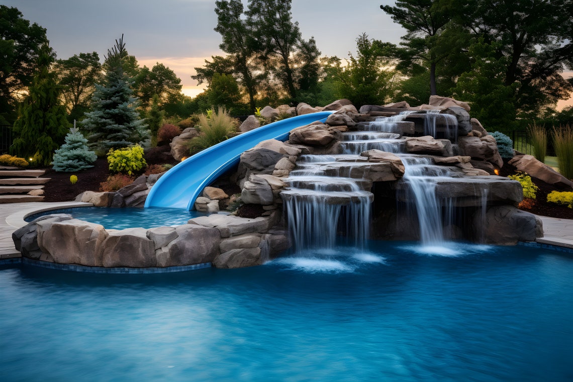 Pool - Waterfall Slide Pool Print - Adventure and Serenity - Blue ...