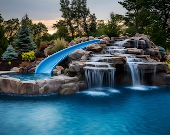 Pool - Waterfall Slide Pool Print - Adventure and Serenity - Blue Waters - Natural Ambiance - Pool Tiki Bar - Wall Art Decor