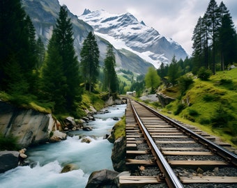 Canton of Bern art print, Funicular perspective, Wooden track, Mountain views, Waterfall, Natural scenery, Artsy, Professional photography.