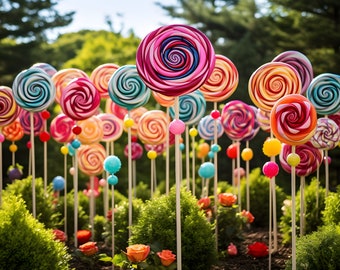 Awe-Inspiring Lollipop Field - Vibrant Blooms - Whimsical Landscape - Sweet Delights - Sugar Confectionery - Colorful Wall Art Print