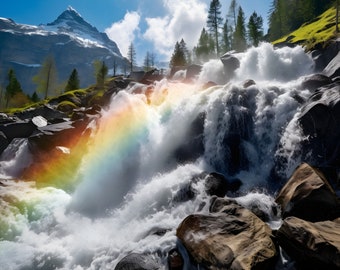 Swiss Mountain Waterfall - Beautiful Rushing Water - Spring Landscape - Rainbow - Wall Art Print - Nature Photography