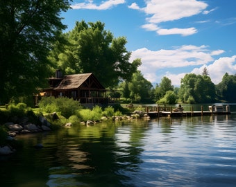 Lakeside artwork, Nostalgic summer scene, Lakehouse décor, Serene lake retreat, Family vacation art, Carefree summer memories