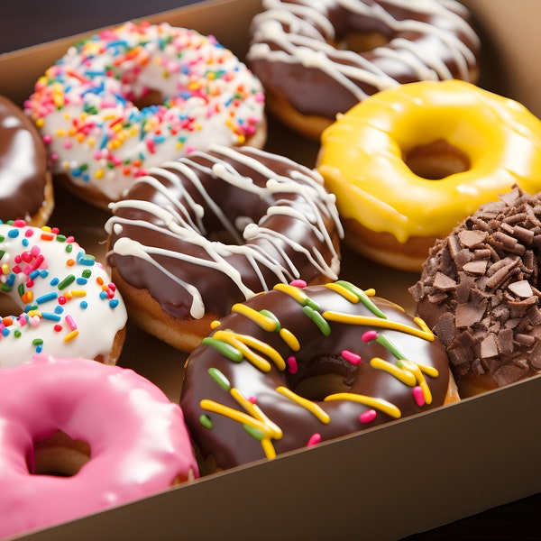 Delicious and Colorful Donuts. Glazed, Chocolate-Filled, Sprinkled, and Drizzled with Caramel. Irresistible Treat for Donut Lovers!