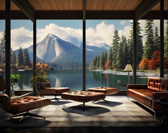 Open Living Room with Glass and Wood Walls - Modern Furniture - High Rise View - Forest Lake Mountains - Clear Day - Wall Art Decor