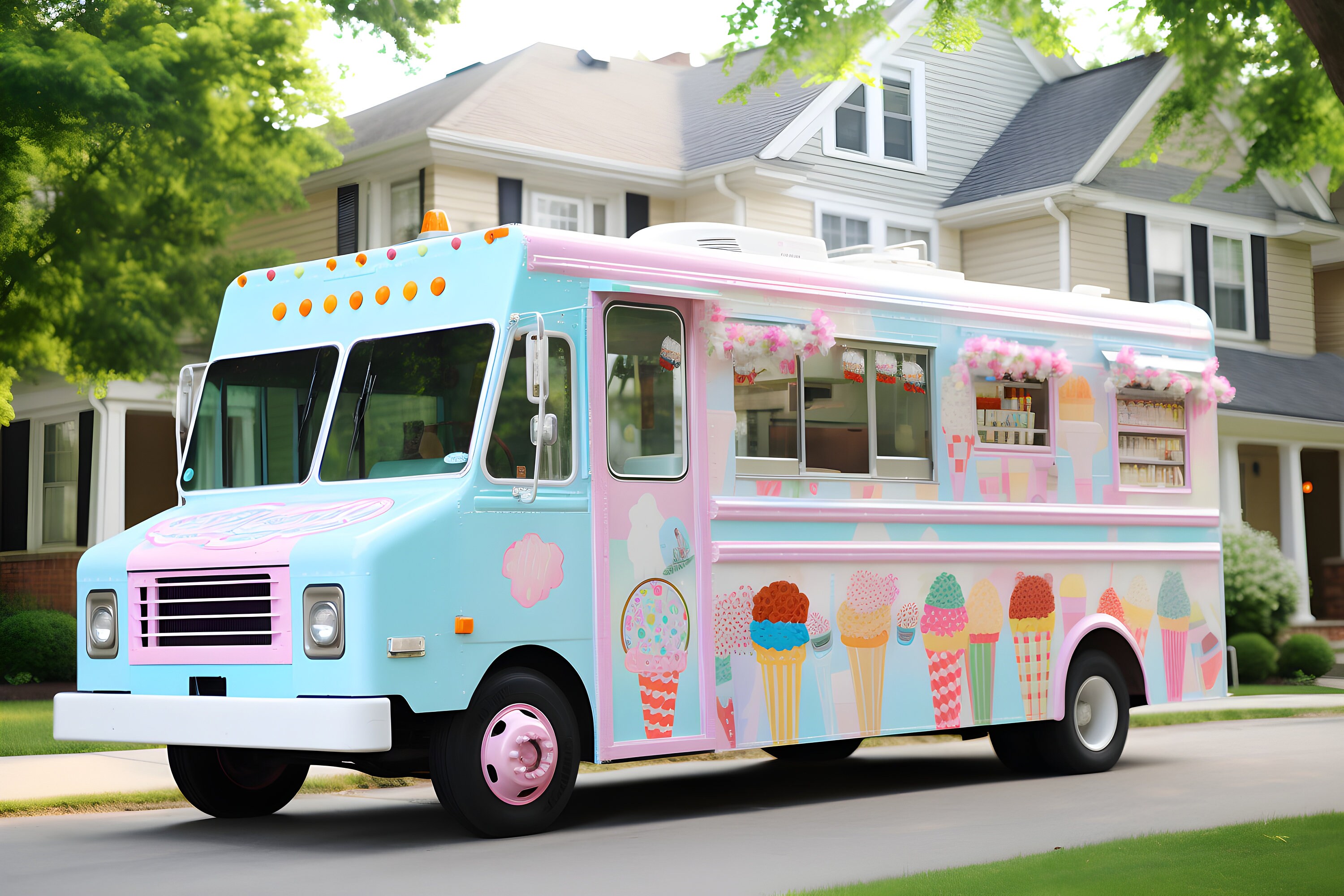 Nostalgic Ice Cream Truck Print - Childhood Bliss - Late 2000s - Neighborhood Scene - Colorful Exterior - Sweet Treats - Wall Art Decor