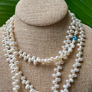 Three White Rice Bean Pearl Necklaces- With a Sky Blue Glass