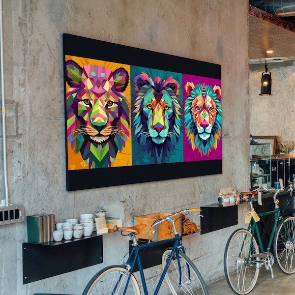 Lion Pop Art Triptych Painting Elegant Geometric Art Wall Home Vibrant Living Room Decor Unique Design Style Downloadable Digital Print