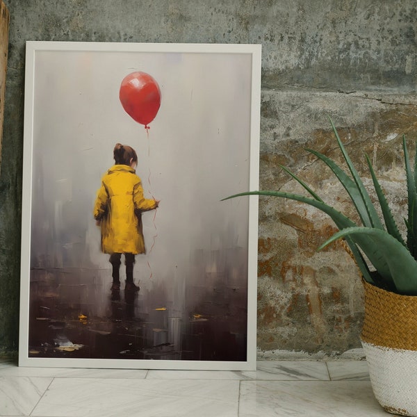 Girl with Red Balloon Oil Painting Noir Dark Elegant Art Wall Home Living Room Decor Abstract Unique Design Style Downloadable Digital Print