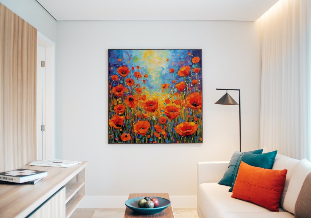 Abstract Red Poppy Flower Field Painting Elegant Art Wall Home Vibrant ...