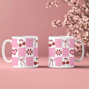 Checkerboard Mug| Cherry Bow Heart | Pink & Red Cup image 2