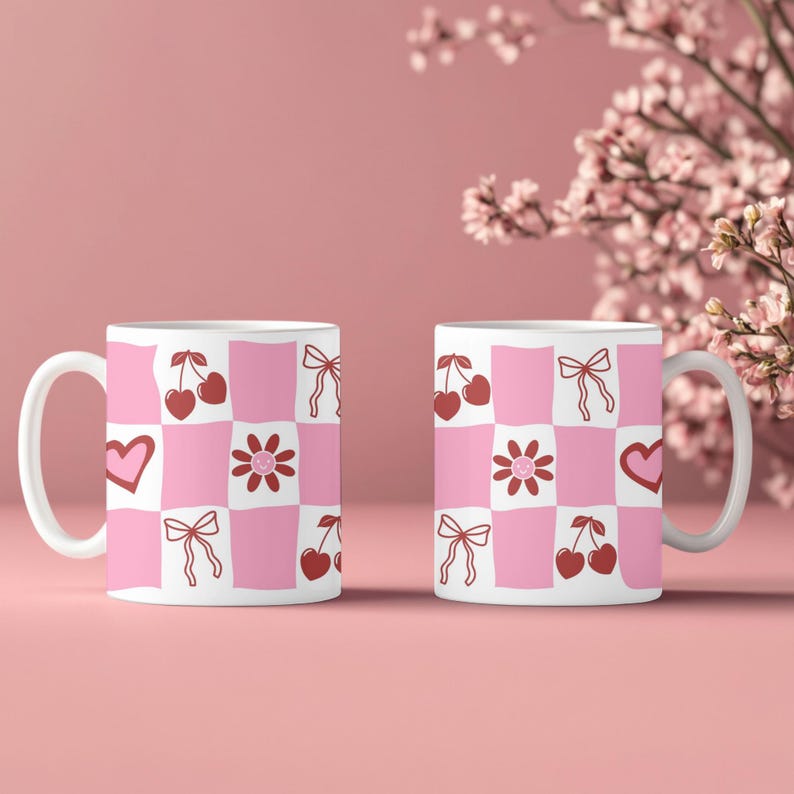 Checkerboard Mug| Cherry Bow Heart | Pink & Red Cup image 2