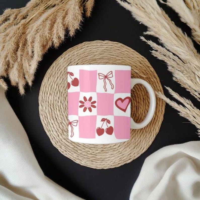 Checkerboard Mug| Cherry Bow Heart | Pink & Red Cup image 3