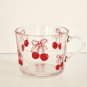 Red bow topped cherry glass mug | 360ml cup | latte coffee tea | girlhood | cute cutesy girly coquette | fruit print | gift for any occasion