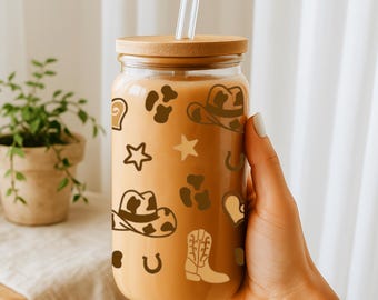 Bocal en verre Libbey, motif botte de cowgirl neutre | Gobelet à café glacé | Couvercle en bambou | Gobelet style western