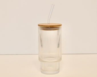 Ribbed textured glass can reusable tumbler cold cup 12oz tumbler with bamboo lid and glass straw perfect for iced drinks or personalisation