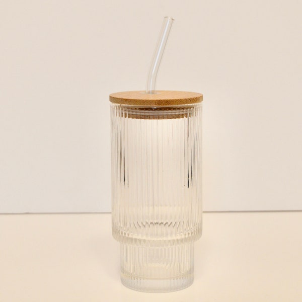 Ribbed textured glass can reusable tumbler cold cup 12oz tumbler with bamboo lid and glass straw perfect for iced drinks or personalisation