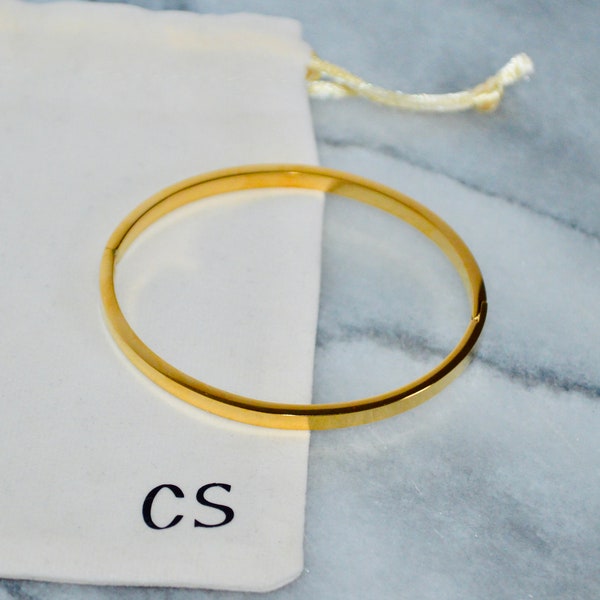 Gold Tone Stainless Steel Bangle Cuff Bracelet with Personalised Pouch | Tarnish Free