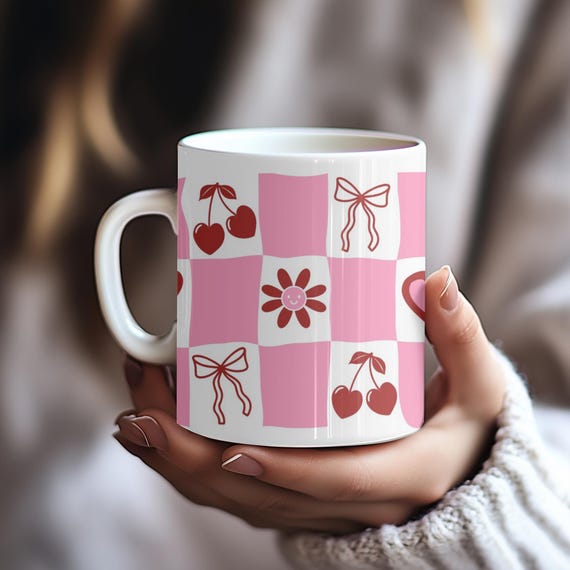 Checkerboard Mug| Cherry Bow Heart | Pink & Red Cup
