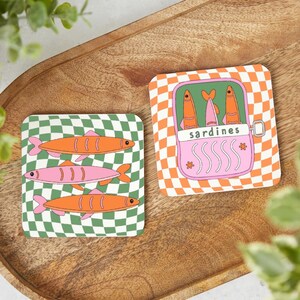 Cute Sardine Fish Coaster Set | Funky Checkerboard Coasters | Retro Fish Decor | Colorful Kitchen Coasters | Coastal Gift | Cottagecore Home