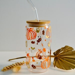 Pumpkin autumnal print 16oz glass can reusable tumbler cold cup tumbler with bamboo lid and glass straw perfect for iced drinks autumn