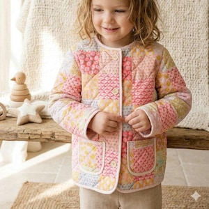 May include: A quilted jacket featuring a patchwork design in shades of pink, yellow, and white. The garment has a round neckline, long sleeves, three light-colored buttons down the front, and two square patch pockets on the lower front section.