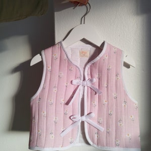 Handmade Baby Girl Vest, Pink Floral Sleeveless Quilted Gilet, Quilted Girl Vest, Muslin Cotton Baby Outerwear