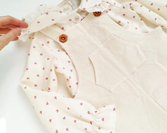 Handmade Cream Corduroy Overalls – Kids Dungarees with Wooden Flower Buttons