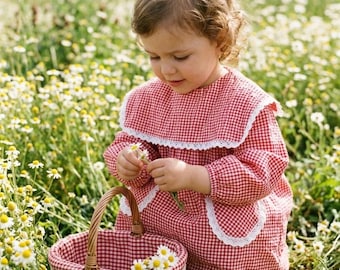 Red Gingham Toddler Dress with Peter Pan Collar, Vintage Style Girls Checkered Outfit with Lace Detail, Handmade Cottagecore Kids Clothes