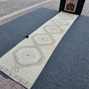 3x14 Vintage ulllöpare, lång turkisk löpare, dämpad Oushak-löpare, beigebrun löpare, handgjord mjuk löpare, 3x14 neutral löpare, bohemisk matta