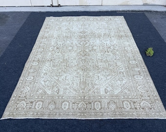 Turkish Rug, Pale Beige Brown Rug, 8x11 Oversized Rug, Handmade Rug, Living Room Rug, Vintage Oushak Rug, Large Turkish Rug Antique Rug 8x11
