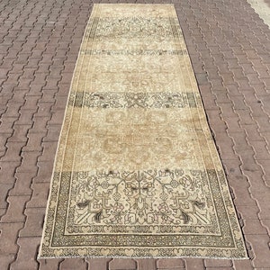 4x13 Turkish Wool Runner, Handmade Antique  Runner, Oriental Kitchen Runner, Neutral Soft Runner, 4x13 Oushak Hallway Runner, Vintage Runner