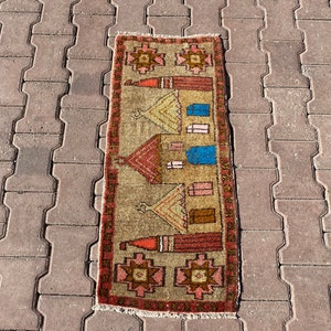 Vintage Mini Rug, 1x3 Door Mat Rug, Turkish Mini Rug, Oushak Mini Rug, 1x3 Anatolian Rug, 1x3 Mini Rug, Wool Door Mat, Soft Door Mat