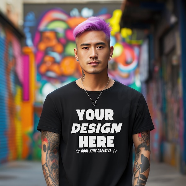 Bella Canvas 3001 Style BLACK T-Shirt Mockup; Punk Goth Style Asian Male Model with Tattoos, Young Man Graffiti Urban Street Wall BC3001