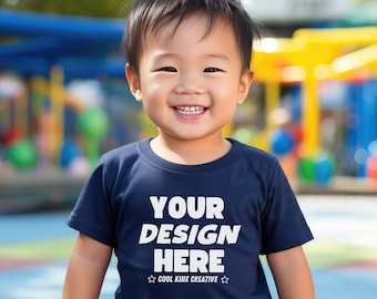 Rabbit Skins 3321 Style Toddler NAVY Blue T-Shirt Mockup; Preschool Kindergarten Asian Boy, Cute Male Child, School Diverse Kid Model RS3321
