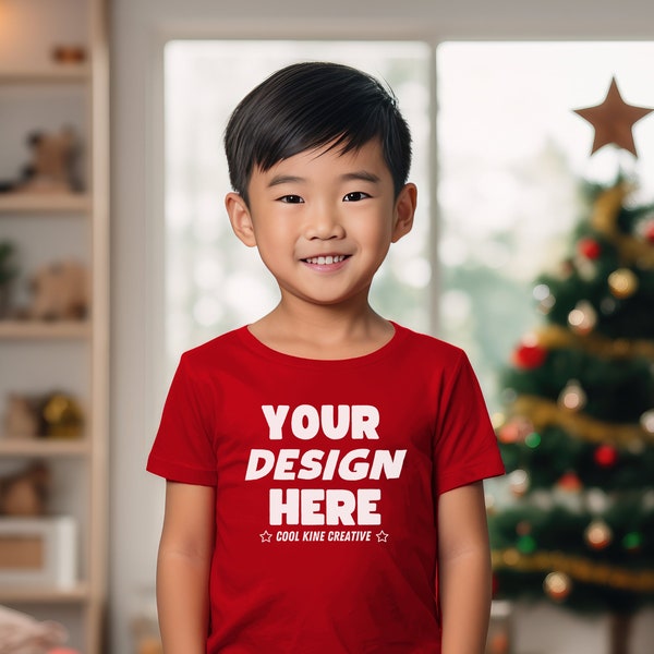 Rabbit Skins 3321 Style Toddler RED T-Shirt Mockup with Preschool Asian Boy, Cute Male Child Winter Christmas Tree Diverse Mocks RS3321