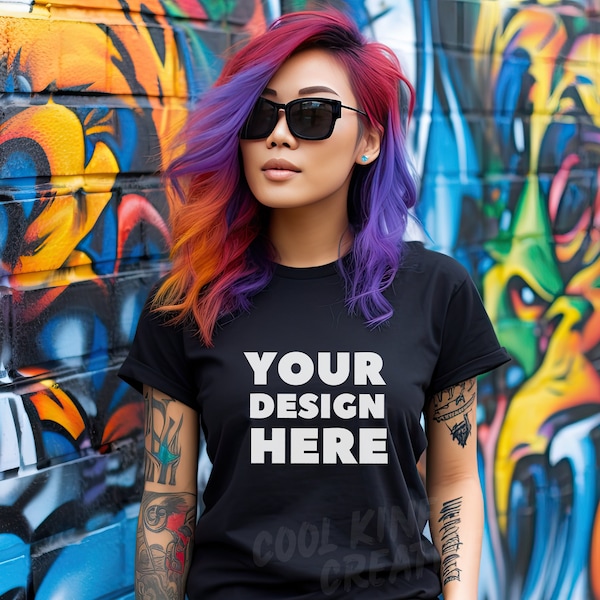Bella Canvas 3001 Style BLACK T-Shirt Mockup with Punk Goth Style Female Asian Model with Tattoos, Young Woman Graffiti Wall
