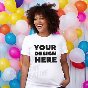 Bella Canvas 3001 Shirt Style WHITE T-Shirt Mockup with Pregnant African American Female Model, Black Mom-to-be Woman Maternity Diverse Mock