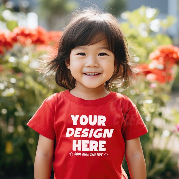 Rabbit Skins 3321 Style Toddler RED T-Shirt Mockup; Preschool Kindergarten Asian Girl, Cute Female Child, School Diverse Kid Model RS3321