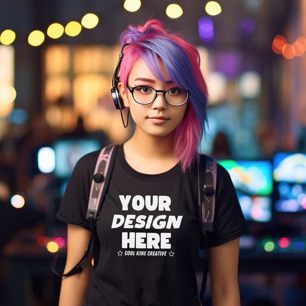 Bella Canvas 3001 Style BLACK T-Shirt Mockup with Asian Teenager, High School College Student Female Model Gamer Streamer Computer Diverse