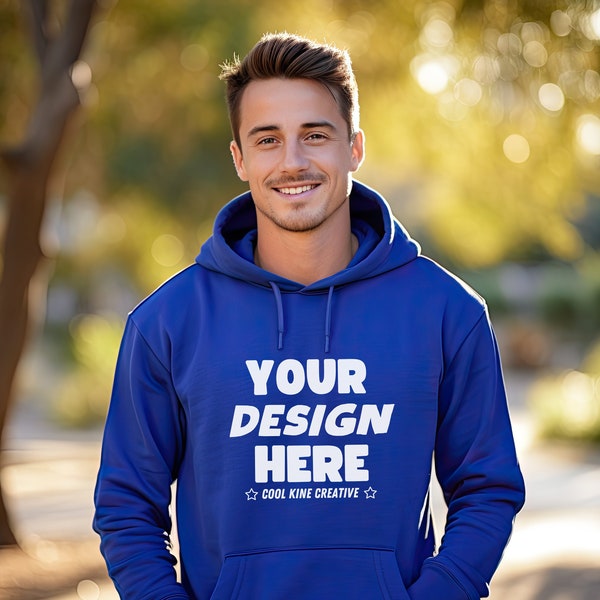 Gildan 18500 Hoodie Style Adult ROYAL Blue Hooded Sweatshirt Mockup with Caucasian Man, Young Male Model Fall Trees Winter Season Mock G185