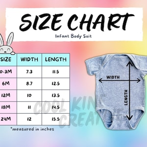 NO BRAND NAME on Chart - Rabbit Skins 4424 Infant Baby Body Suit Size Chart -  Heather Grey Color Shirt on Rainbow Background Size Guide
