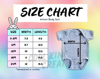 NO BRAND NAME on Chart - Rabbit Skins 4424 Infant Baby Body Suit Size Chart -  Heather Grey Color Shirt on Rainbow Background Size Guide