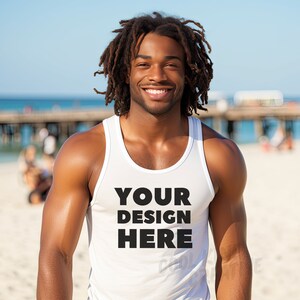 Bella Canvas 3480 Style WHITE Tank Top Shirt Mockup with African American Male Model, Young Black Man Summer Beach, BC3480 Diverse Mock