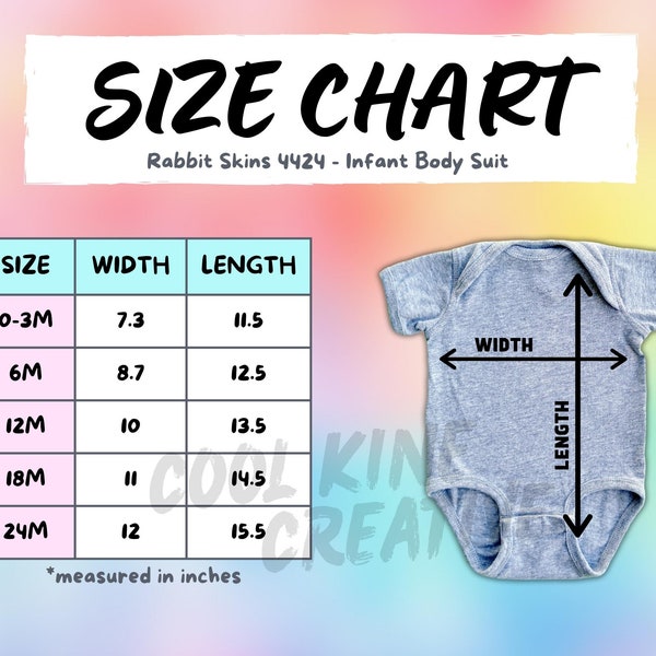 Rabbit Skins 4424 Infant Baby Body Suit Size Chart -  HEATHER Color Shirt on Rainbow Background Size Guide, RabbitSkins 4424  Size Guide