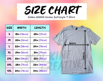 Gildan 64000 Adult Softstyle METRIC and IMPERIAL Sport Grey Shirt Size Chart, G640 / G64000 Tee on Rainbow Background, Inches CM Size Chart