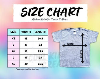 Gildan 5000B Kids T-Shirt Size Chart -  SPORT GREY Color Shirt on Rainbow Background Size Guide, Gildan Youth Unisex Children's Shirt