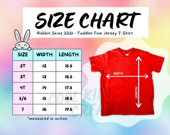 Rabbit Skins 3321 Toddler T-Shirt Size Chart -  RED Color Shirt on Rainbow Background Size Guide, RabbitSkins Toddler Fine Jersey T-Shirt