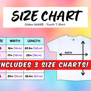 Gildan 5000B Size Chart BUNDLE: Includes 3 Different Size Charts! Youth Kids G500B G5000B T-Shirt on Rainbow Background, Inches and CM