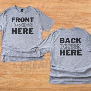 FRONT & BACK Gildan 64000 Sport Grey Adult T-Shirt Mockup; Flat Lay Shirts on Wood Floor Background, G640 G64000 Heather Gray Tee Mock