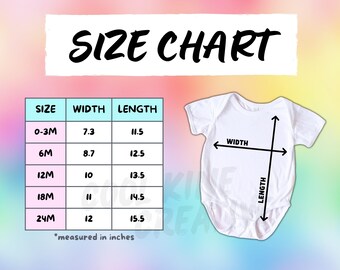 NO BRAND NAME on Chart - Rabbit Skins 4424 Infant Baby Bodysuit Size Chart -  White Color Shirt on Rainbow Background Size Guide